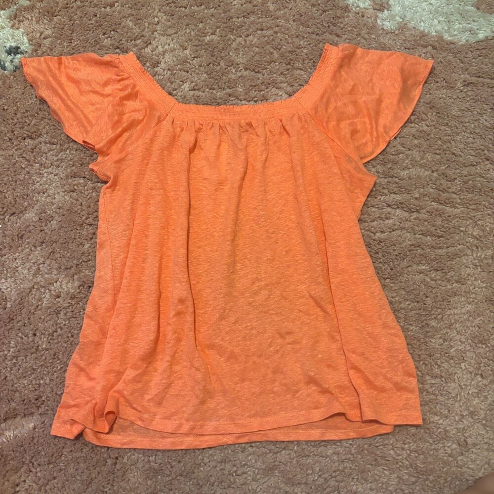 Loft 100% Linen Ruffle Off Shoulder Coral Orange Sz Small NWT Elevated Basics - Picture 2 of 7